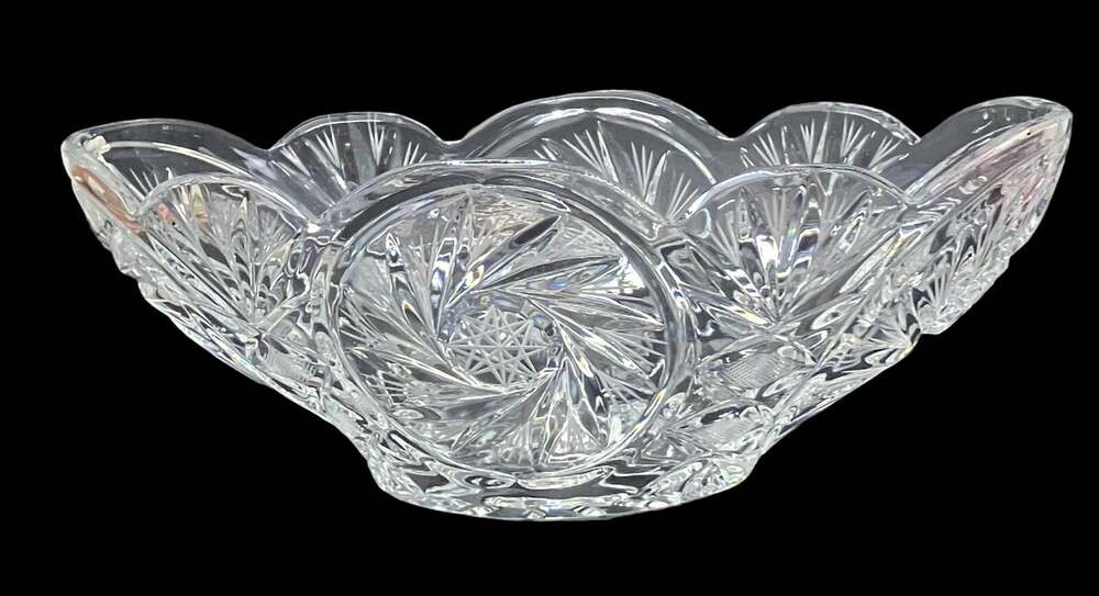 Vintage Poland Large Heavy Hand Cut Pinwheel 24% Lead Crystal Oval Serving Bowl